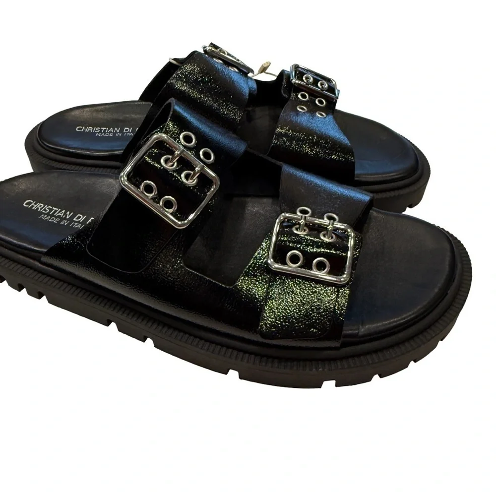 Christian Di Riccio Women’s Black Patent Leather Double Buckle Sandals Sz 8.5